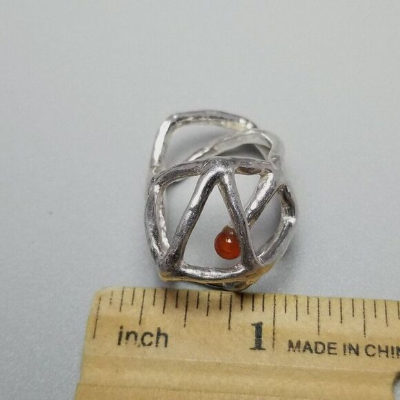 Estate Atelier Shinji Signed Silver and Red Geometric Cocktail Ring, Size 6 Band - Picture 9 of 12